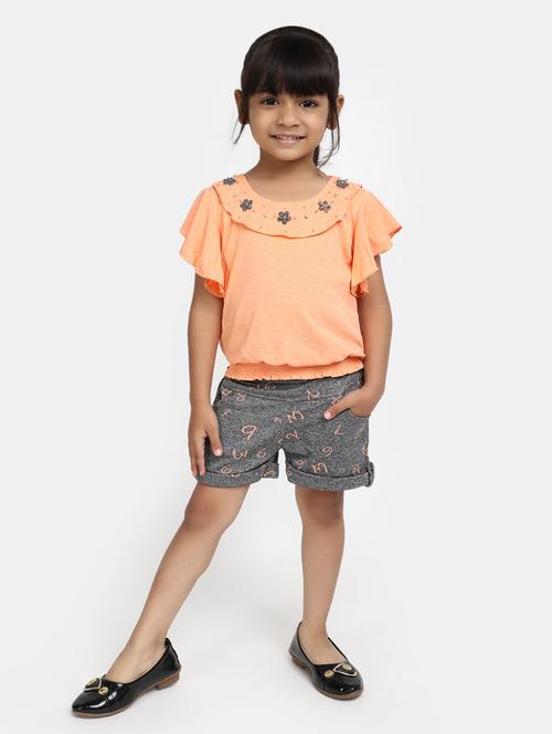 girls neck detailed top & printed shorts set - 20282604 - Very Small Image - 1