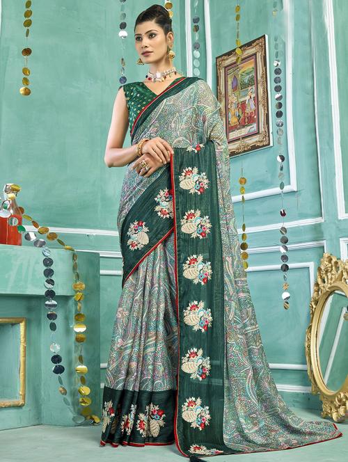 women's printed green colored saree with blouse - 20282877 - Very Small Image - 1