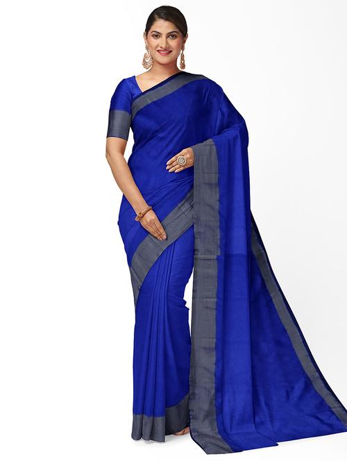 women's solid dark blue colored saree with blouse - 20285290 - Very Small Image - 1