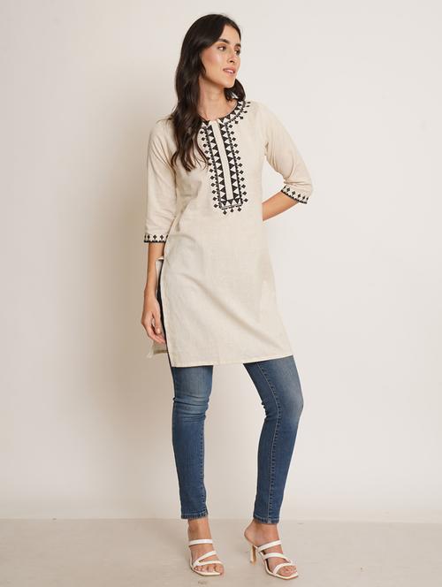 off-white cotton straight kurti - 20286042 - Very Small Image - 1