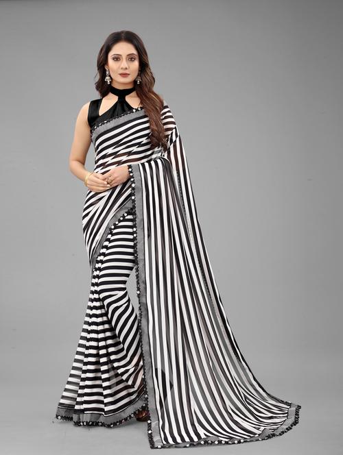 women black stripes printed georgette saree - 20286364 - Very Small Image - 1