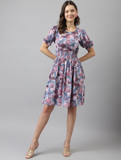 purple printed puff sleeves fit & flare dress - 20288231 - Very Small Image - 1