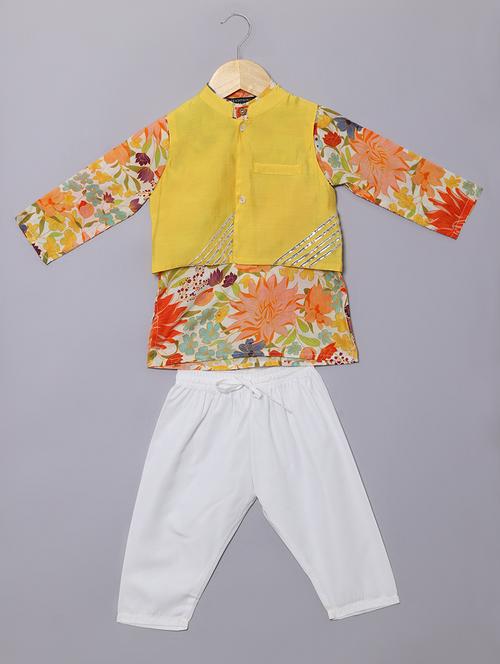 boy yellow floral print kurta set with nehru jacket - 20289226 - Very Small Image - 1