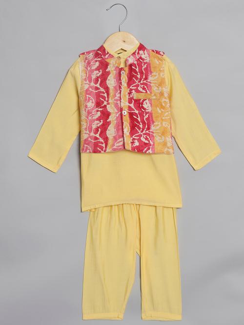 boys yellow solid kurta set with printed nehru jacket - 20289247 - Very Small Image - 1