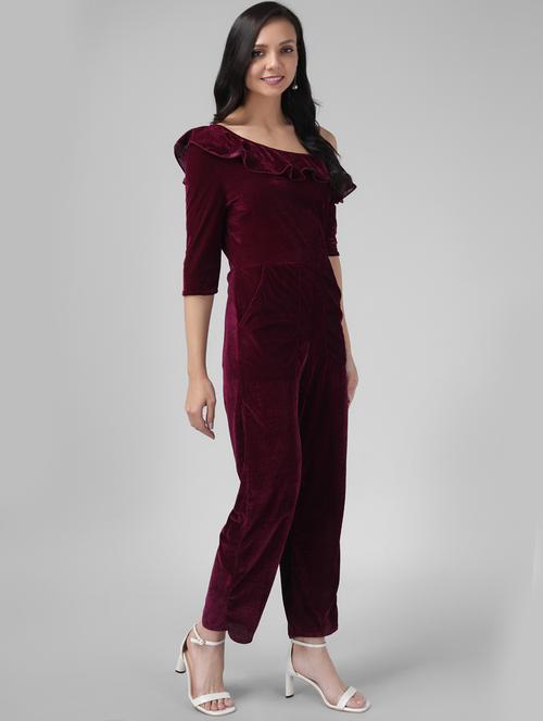 maroon solid asymmetric neck full length jumpsuit - 20290108 - Very Small Image - 1