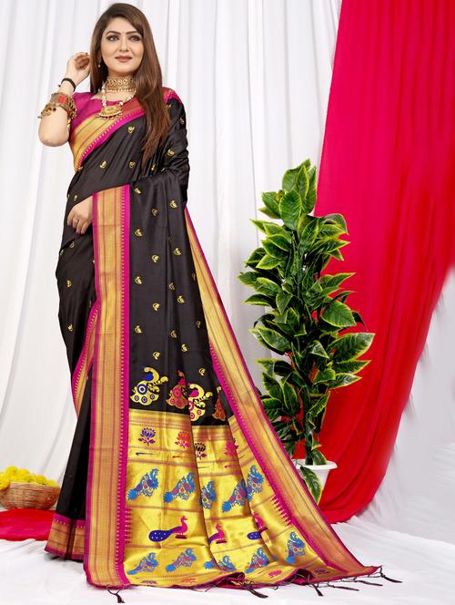 women's self design black colored saree with blouse - 20290620 - Very Small Image - 1
