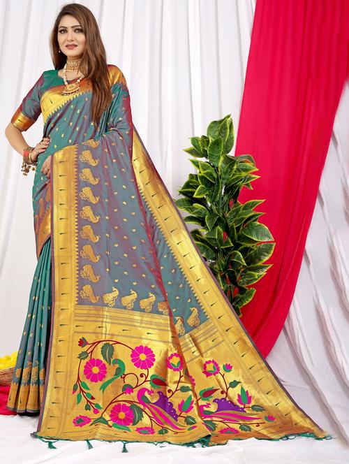 women's self design sea green colored saree with blouse - 20290630 - Very Small Image - 1