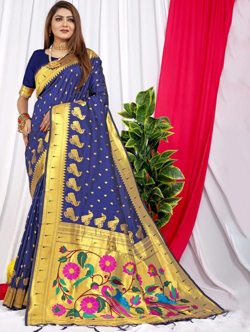women's self design navy blue colored saree with blouse - 20290632 - Very Small Image - 1