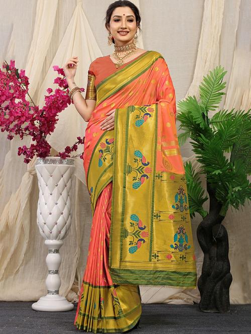 women's self design orange colored saree with blouse - 20290688 - Very Small Image - 1