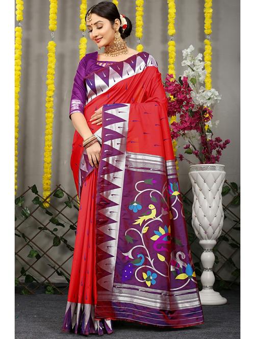 women's self design red colored saree with blouse - 20290703 - Very Small Image - 1