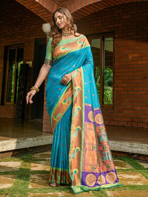 women's self design aqua blue colored saree with blouse - 20290728 - Very Small Image - 1