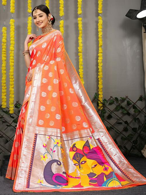 women's self design orange colored saree with blouse - 20290732 - Very Small Image - 1