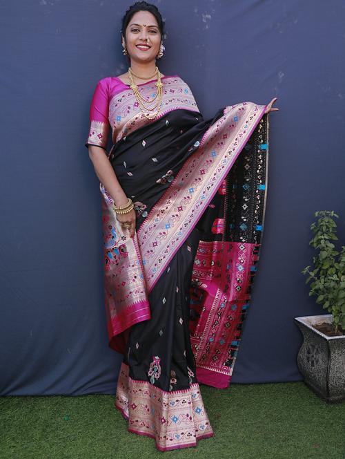 women's self design black colored saree with blouse - 20290748 - Very Small Image - 1