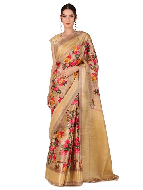 women's floral cream colored saree with blouse - 20290850 - Very Small Image - 1