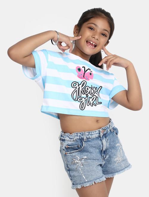 girls multi color striped with graphic printed cotton regular tee - 20291209 - Very Small Image - 1