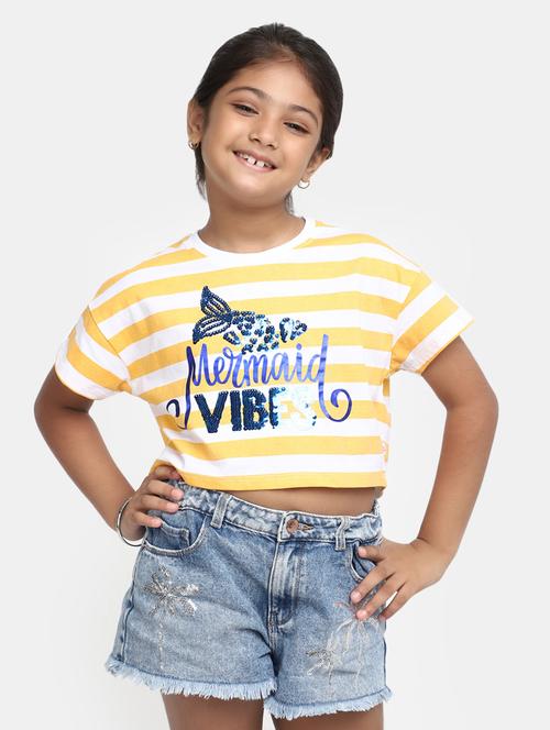 girls multi color striped with graphic printed cotton regular tee - 20291211 - Very Small Image - 1