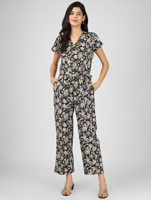 black floral print full length jumpsuit with belt - 20294267 - Very Small Image - 1