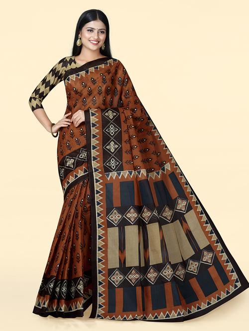 women's block print rust colored saree - 20294748 - Very Small Image - 1