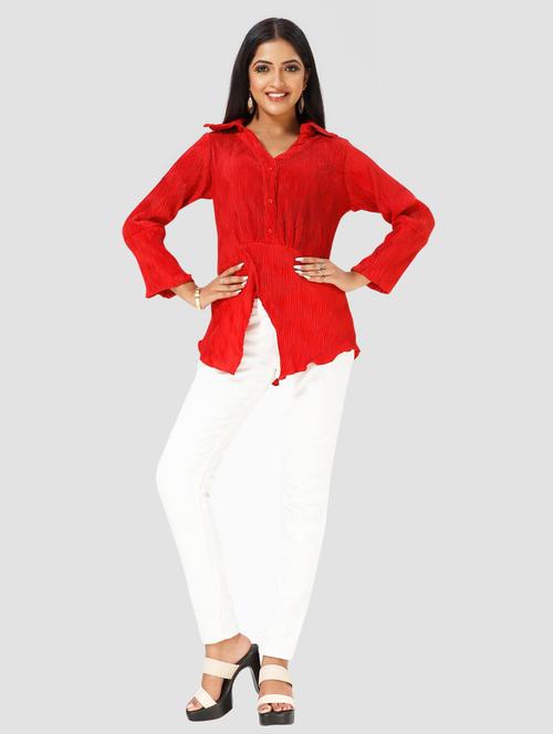 women red pleated satin shirt - 20295489 - Very Small Image - 1