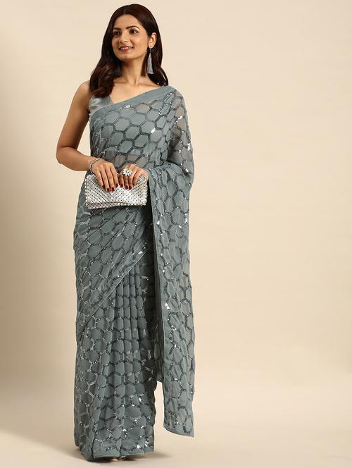 women's  grey colored saree with blouse - 20299694 - Very Small Image - 1