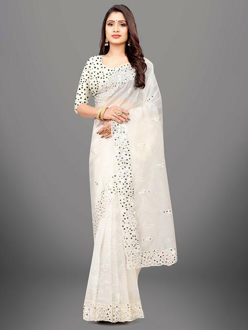 white colored embellished  saree with blouse - 20302667 - Very Small Image - 1