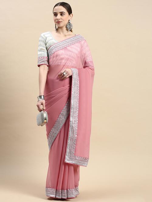soft georgette saree with silver embroidered border with blouse - 20303102 - Very Small Image - 1