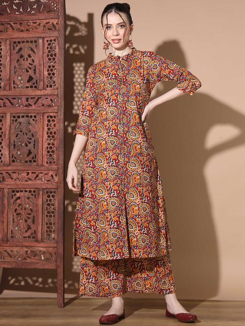 red block print kurta & palazzos set - 20303691 - Very Small Image - 1