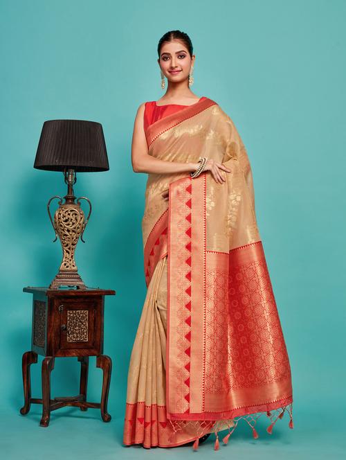 women's self design beige colored saree with blouse - 20305083 - Very Small Image - 1