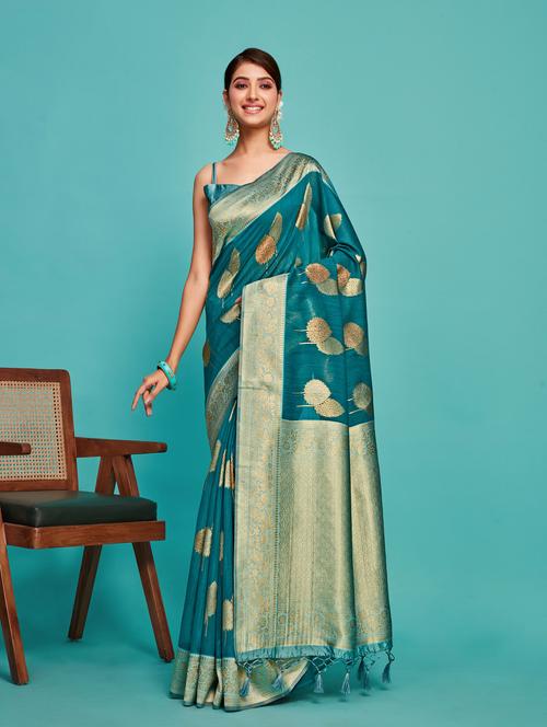 women's self design turquoise colored saree with blouse - 20305092 - Very Small Image - 1