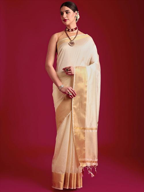 women's self design cream colored saree with blouse - 20305148 - Very Small Image - 1