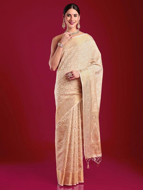 women's self design beige colored saree with blouse - 20305159 - Very Small Image - 1