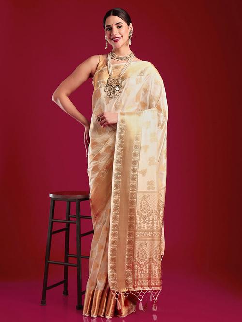 women's self design beige colored saree with blouse - 20305162 - Very Small Image - 1