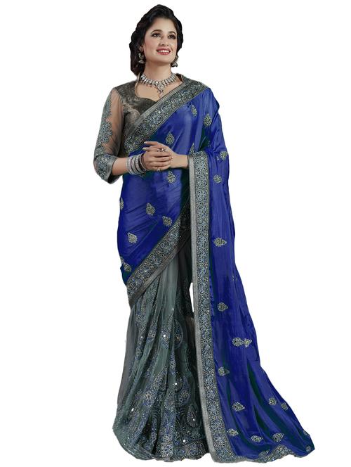 women's solid with work royal blue colored saree with blouse - 20305886 - Very Small Image - 1