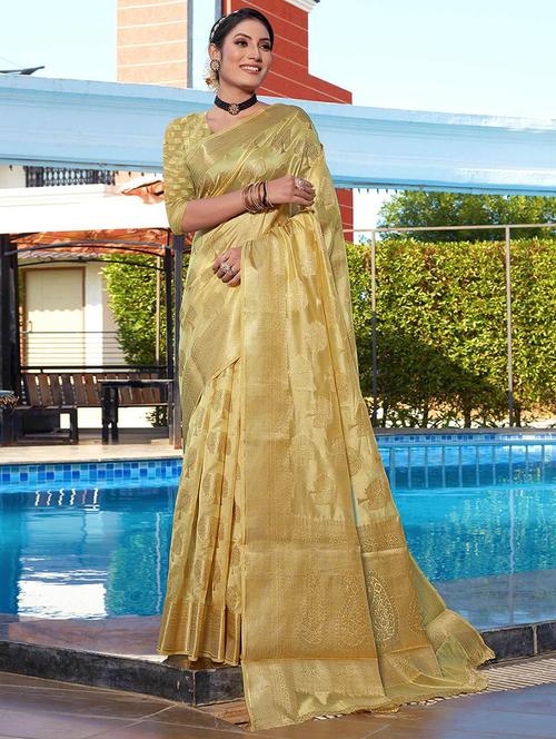 women's self design gold colored saree with blouse - 20305946 - Very Small Image - 1