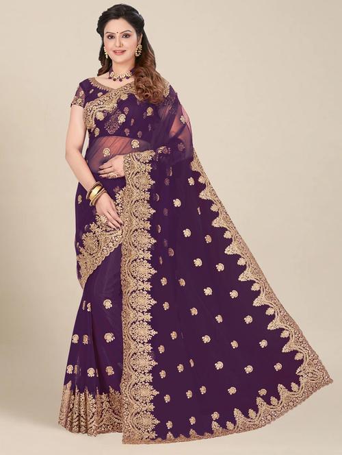 purple colored embroidered  saree - 20307261 - Very Small Image - 1