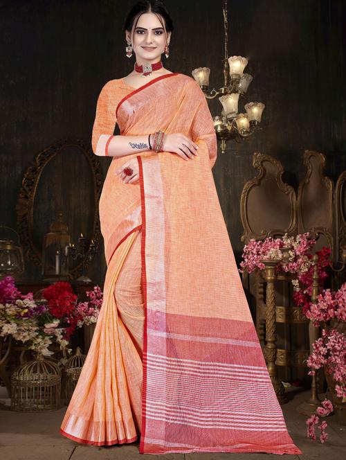 peach colored handloom  saree with blouse - 20307778 - Very Small Image - 1