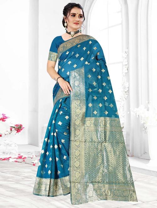 teal colored banarasi  saree with blouse - 20307882 - Very Small Image - 1