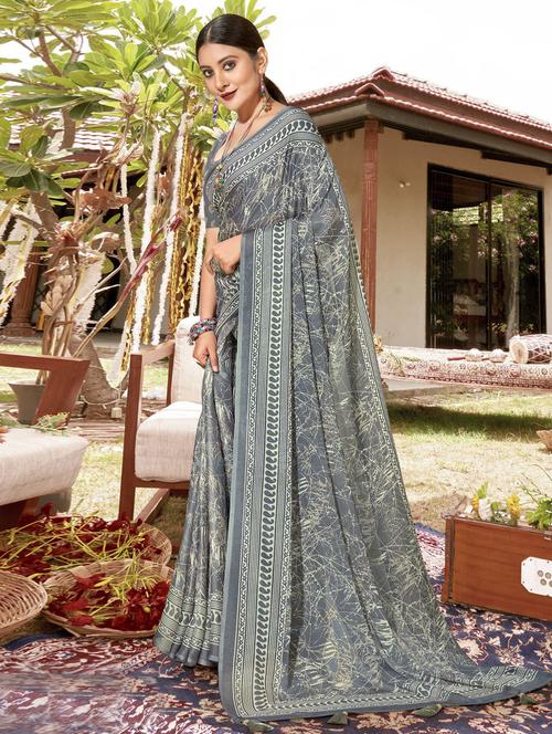 women's printed grey colored saree with blouse - 20307945 - Very Small Image - 1