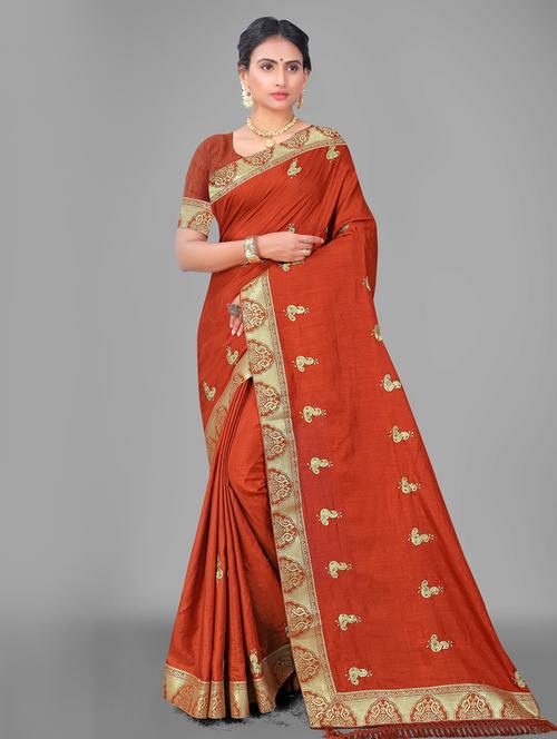 women's solid with work red colored saree - 20308411 - Very Small Image - 1