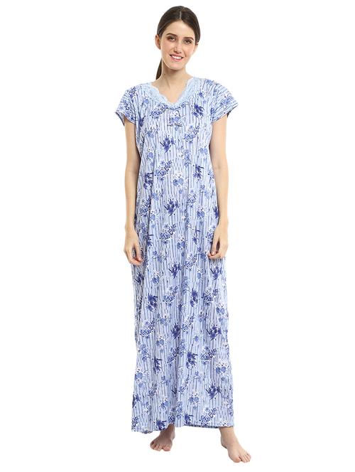 women blue florals printed short sleeves nighty - 20308611 - Very Small Image - 1