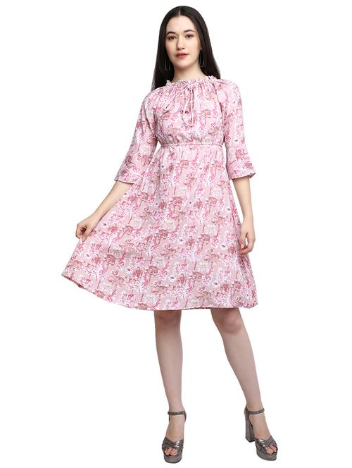pink floral print bell sleeves a-line dress - 20309509 - Very Small Image - 1