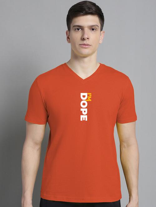 men typography print orange v-neck cotton t-shirt - 20312221 - Very Small Image - 1