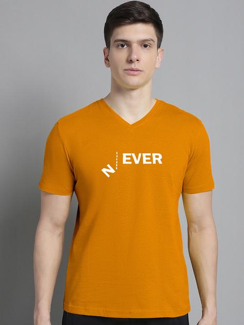 men typography print mustard v-neck cotton t-shirt - 20312253 - Very Small Image - 1