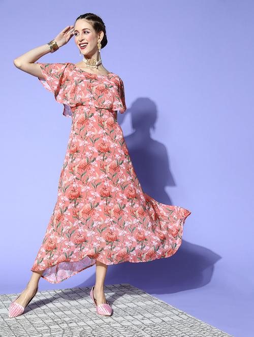 women peach florals printed flared dress - 20312382 - Very Small Image - 1