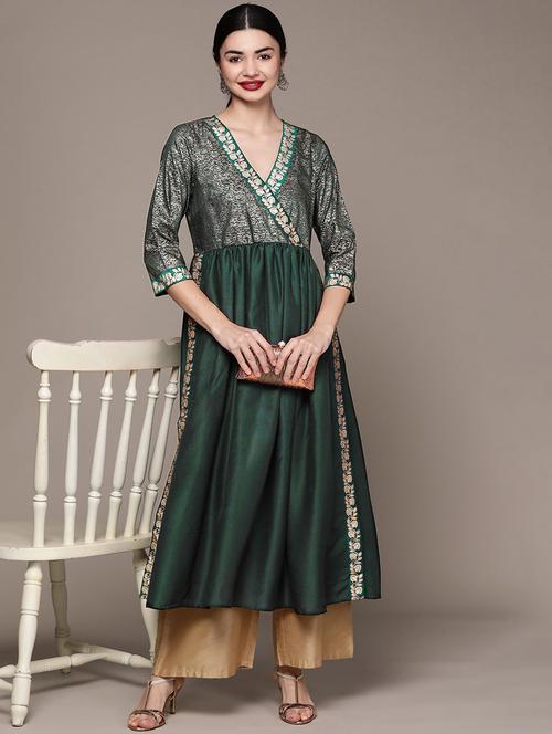 women green overlap neck flared kurta - 20312390 - Very Small Image - 1