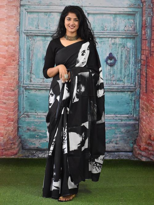 black colored printed  saree with blouse - 20312518 - Very Small Image - 1