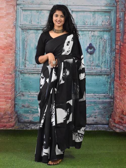 black colored printed  saree with blouse - 20313132 - Very Small Image - 1