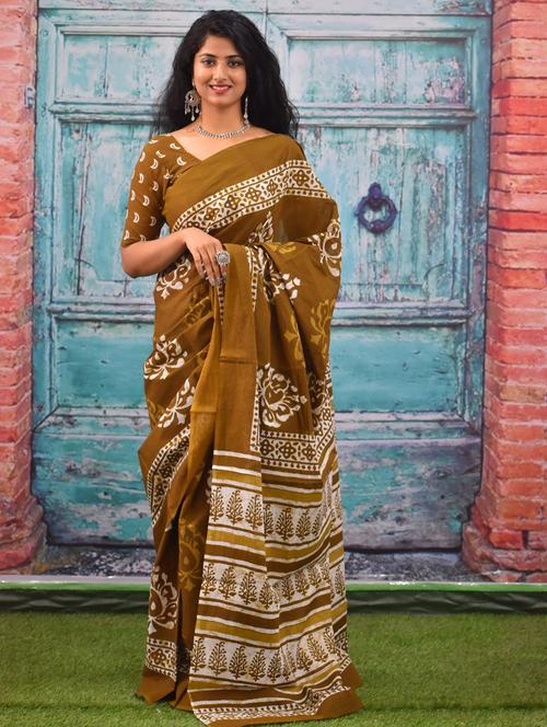 olive colored printed  saree with blouse - 20313369 - Very Small Image - 1