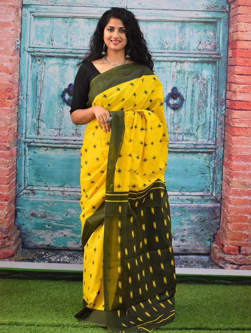 yellow cotton ikkat saree with blouse - 20313530 - Very Small Image - 1