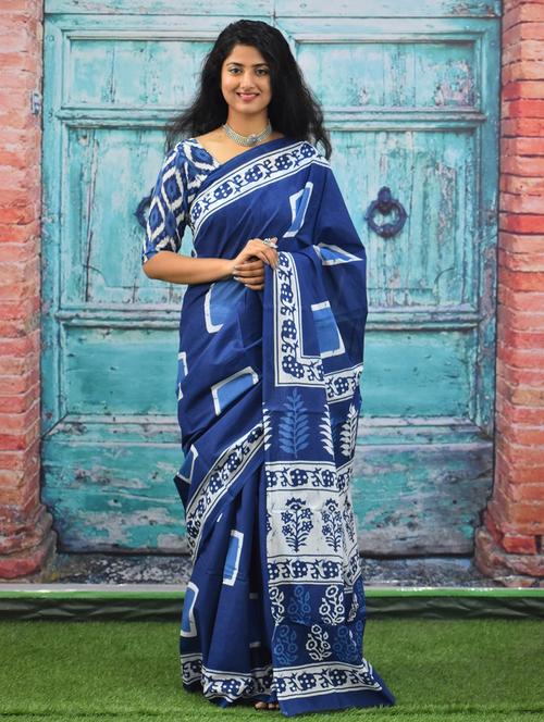 dark blue blocked printed saree with blouse - 20313668 - Very Small Image - 1